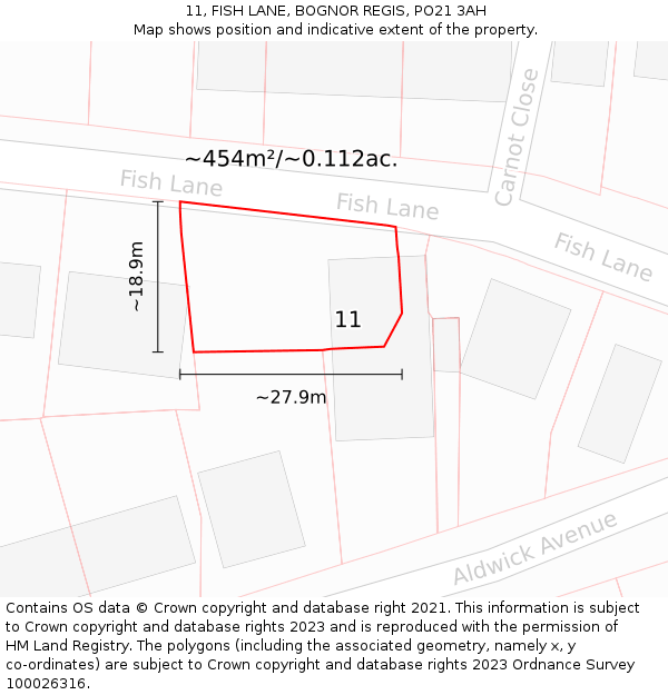 11, FISH LANE, BOGNOR REGIS, PO21 3AH: Plot and title map