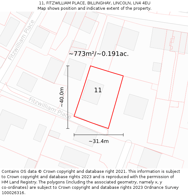 11, FITZWILLIAM PLACE, BILLINGHAY, LINCOLN, LN4 4EU: Plot and title map