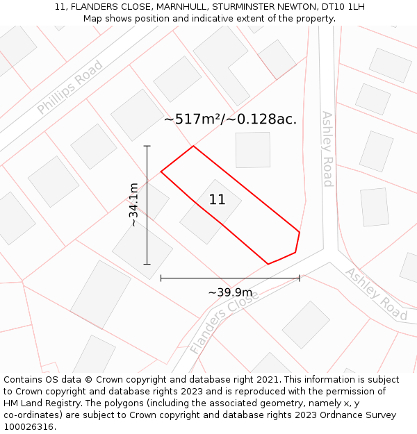 11, FLANDERS CLOSE, MARNHULL, STURMINSTER NEWTON, DT10 1LH: Plot and title map