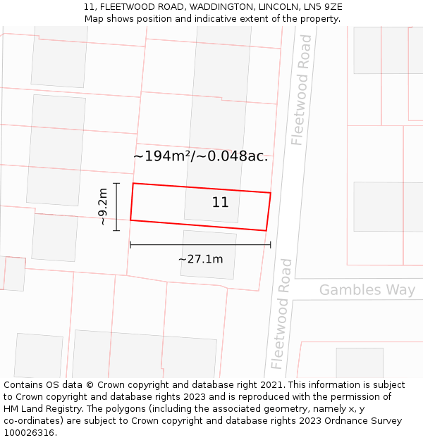 11, FLEETWOOD ROAD, WADDINGTON, LINCOLN, LN5 9ZE: Plot and title map