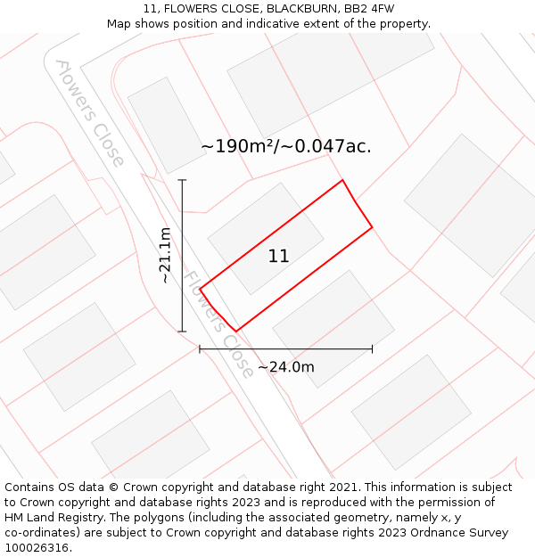 11, FLOWERS CLOSE, BLACKBURN, BB2 4FW: Plot and title map