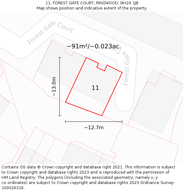 11, FOREST GATE COURT, RINGWOOD, BH24 1JB: Plot and title map