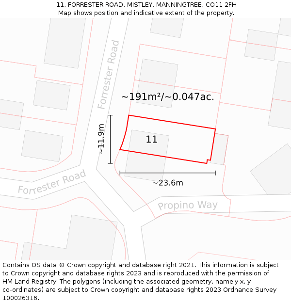 11, FORRESTER ROAD, MISTLEY, MANNINGTREE, CO11 2FH: Plot and title map