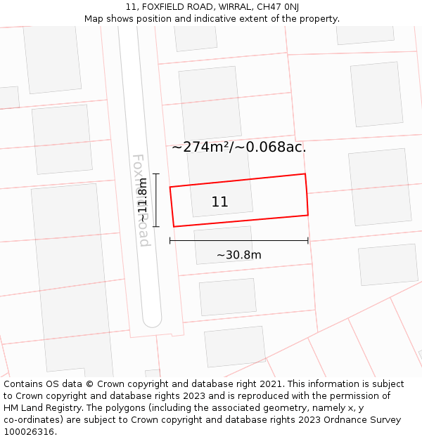 11, FOXFIELD ROAD, WIRRAL, CH47 0NJ: Plot and title map