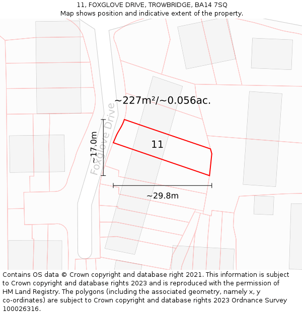 11, FOXGLOVE DRIVE, TROWBRIDGE, BA14 7SQ: Plot and title map