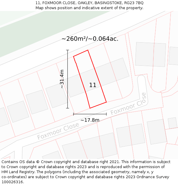 11, FOXMOOR CLOSE, OAKLEY, BASINGSTOKE, RG23 7BQ: Plot and title map