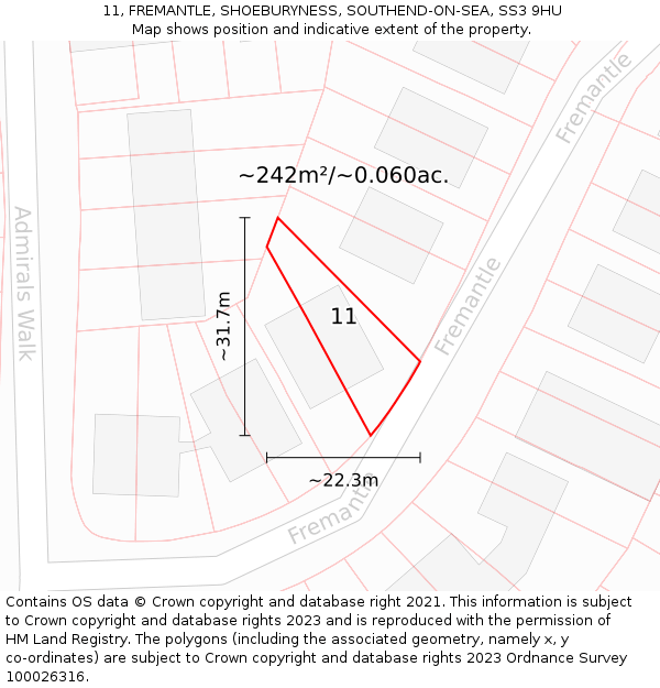 11, FREMANTLE, SHOEBURYNESS, SOUTHEND-ON-SEA, SS3 9HU: Plot and title map