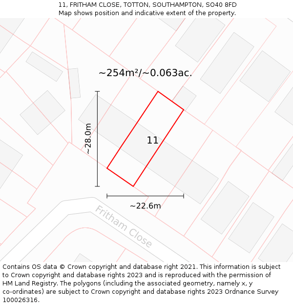 11, FRITHAM CLOSE, TOTTON, SOUTHAMPTON, SO40 8FD: Plot and title map