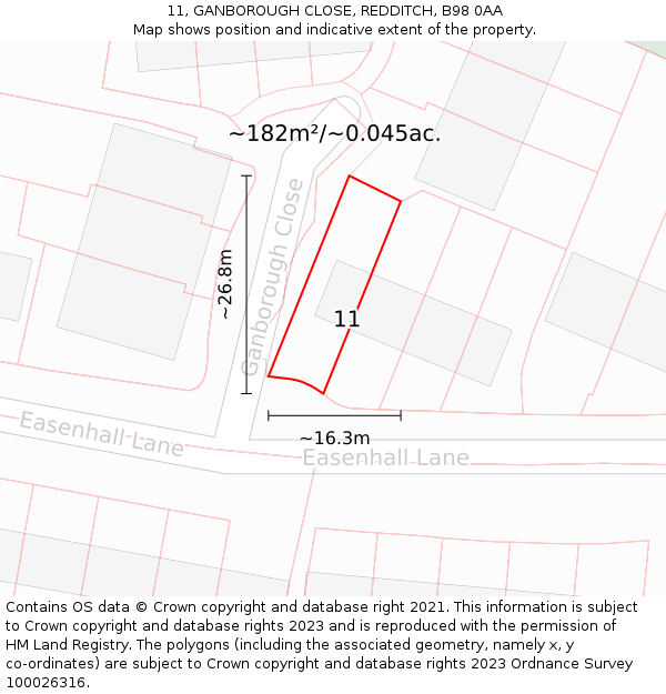 11, GANBOROUGH CLOSE, REDDITCH, B98 0AA: Plot and title map