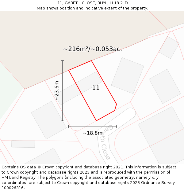 11, GARETH CLOSE, RHYL, LL18 2LD: Plot and title map