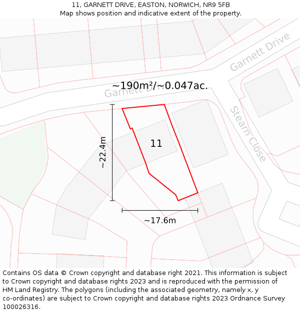 11, GARNETT DRIVE, EASTON, NORWICH, NR9 5FB: Plot and title map