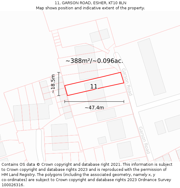 11, GARSON ROAD, ESHER, KT10 8LN: Plot and title map