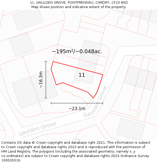 11, GAULDEN GROVE, PONTPRENNAU, CARDIFF, CF23 8SD: Plot and title map