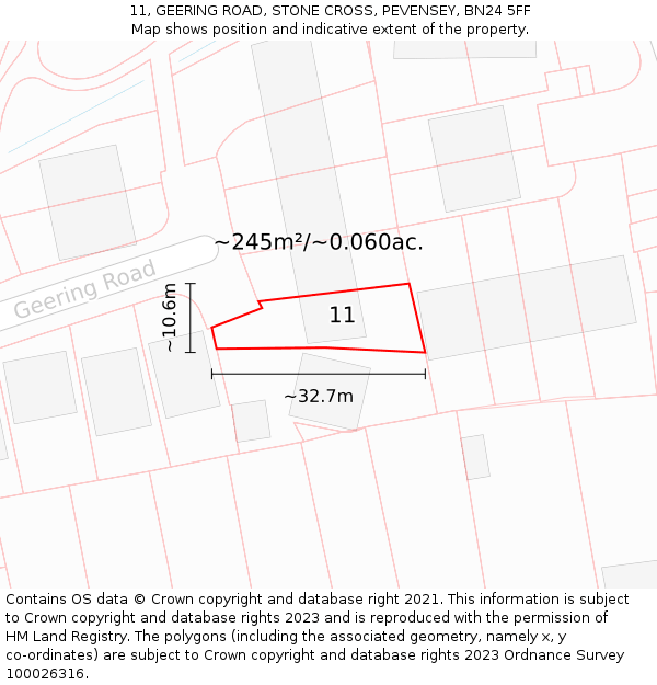 11, GEERING ROAD, STONE CROSS, PEVENSEY, BN24 5FF: Plot and title map