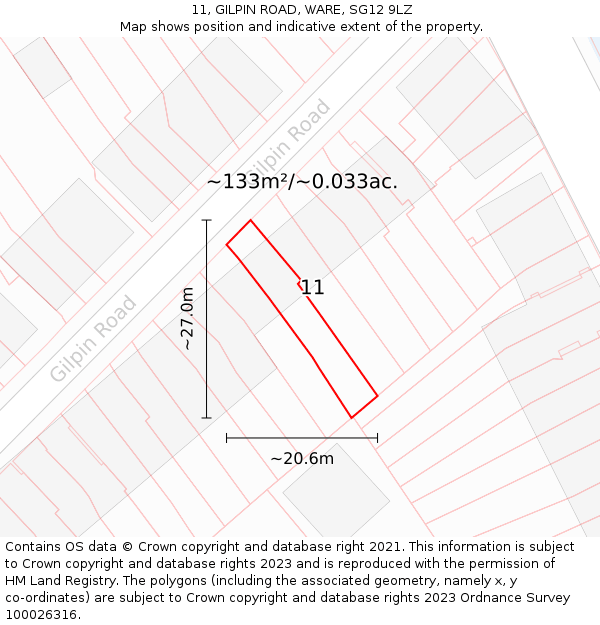 11, GILPIN ROAD, WARE, SG12 9LZ: Plot and title map