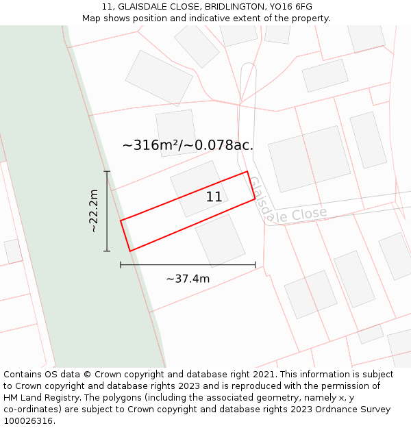 11, GLAISDALE CLOSE, BRIDLINGTON, YO16 6FG: Plot and title map