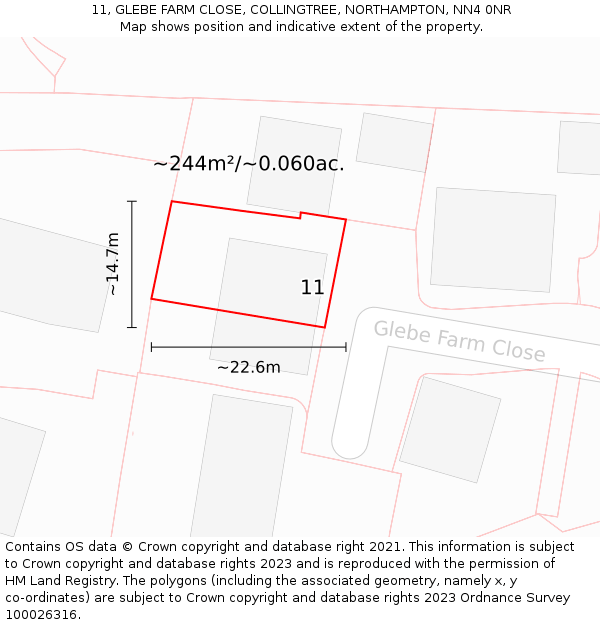 11, GLEBE FARM CLOSE, COLLINGTREE, NORTHAMPTON, NN4 0NR: Plot and title map