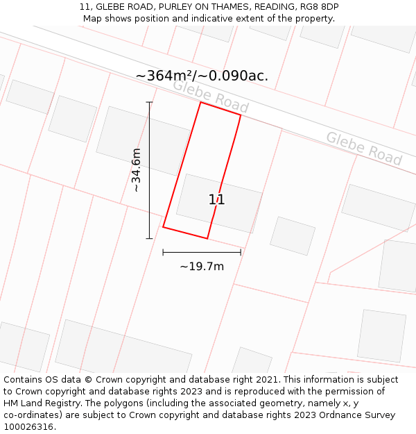 11, GLEBE ROAD, PURLEY ON THAMES, READING, RG8 8DP: Plot and title map