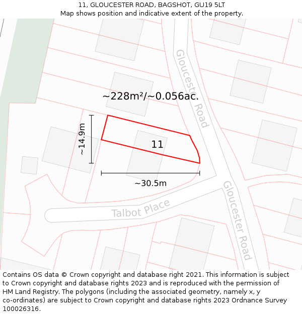 11, GLOUCESTER ROAD, BAGSHOT, GU19 5LT: Plot and title map