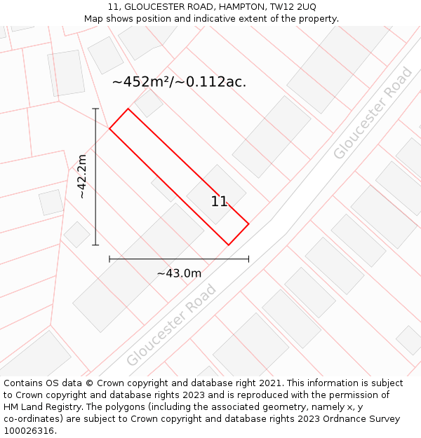 11, GLOUCESTER ROAD, HAMPTON, TW12 2UQ: Plot and title map