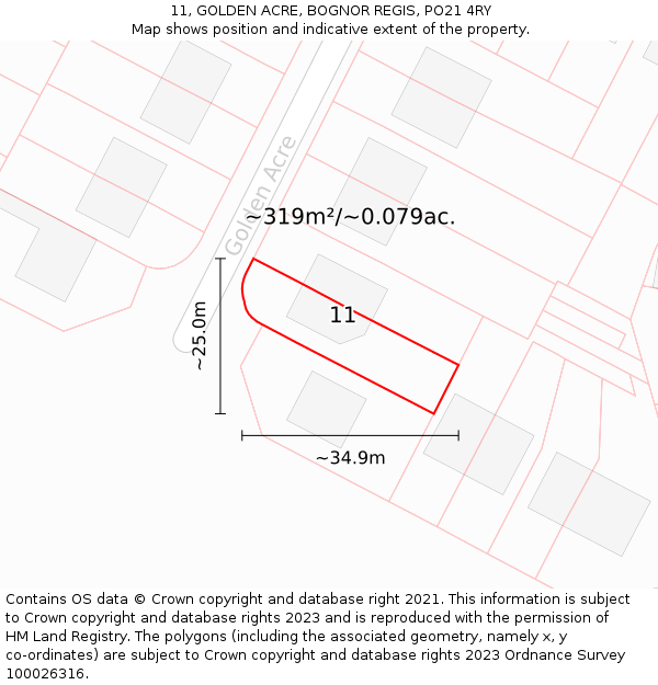 11, GOLDEN ACRE, BOGNOR REGIS, PO21 4RY: Plot and title map