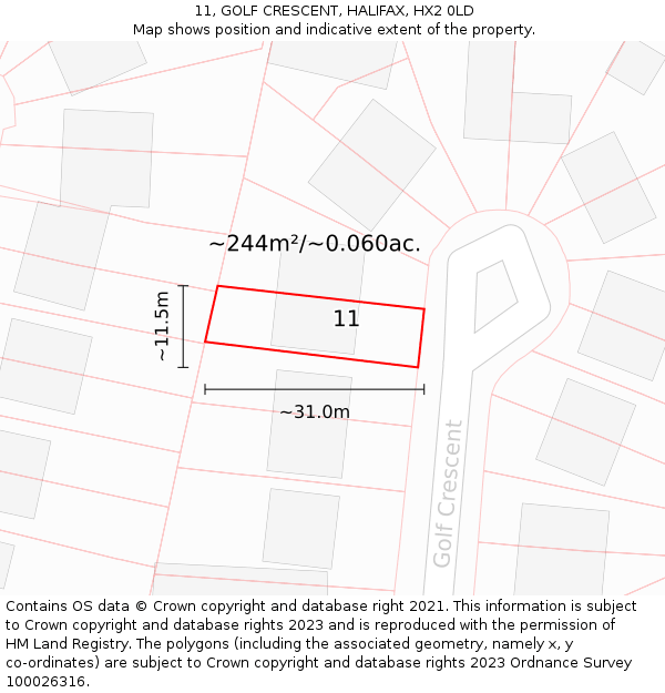 11, GOLF CRESCENT, HALIFAX, HX2 0LD: Plot and title map