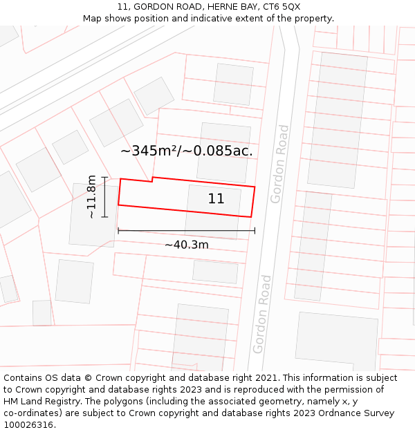 11, GORDON ROAD, HERNE BAY, CT6 5QX: Plot and title map