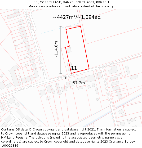 11, GORSEY LANE, BANKS, SOUTHPORT, PR9 8EH: Plot and title map