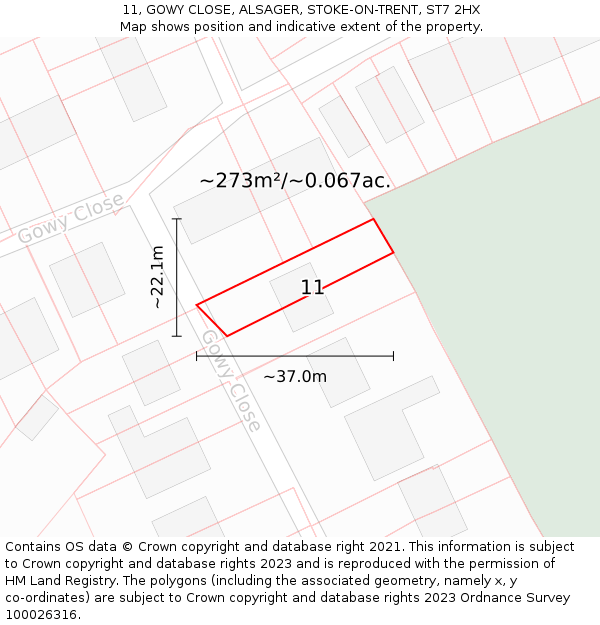 11, GOWY CLOSE, ALSAGER, STOKE-ON-TRENT, ST7 2HX: Plot and title map