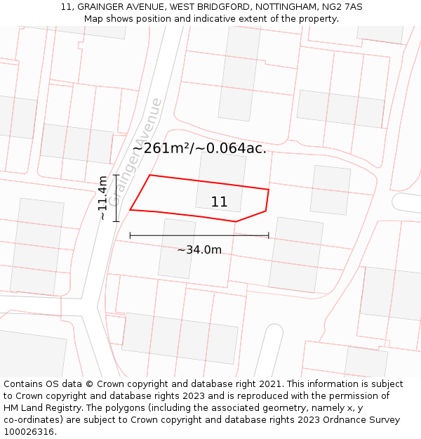 11, GRAINGER AVENUE, WEST BRIDGFORD, NOTTINGHAM, NG2 7AS: Plot and title map