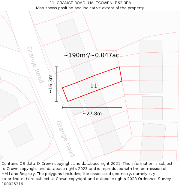 11, GRANGE ROAD, HALESOWEN, B63 3EA: Plot and title map