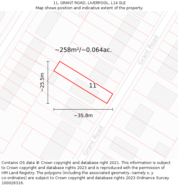 11, GRANT ROAD, LIVERPOOL, L14 0LE: Plot and title map