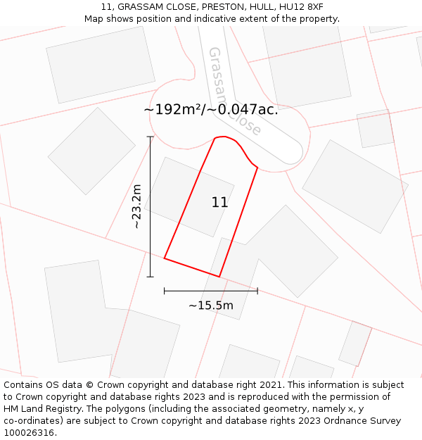 11, GRASSAM CLOSE, PRESTON, HULL, HU12 8XF: Plot and title map