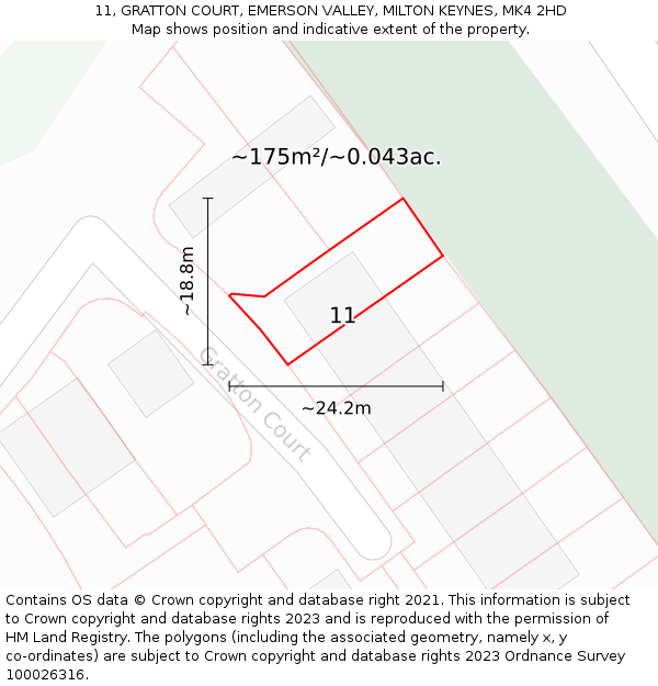 11, GRATTON COURT, EMERSON VALLEY, MILTON KEYNES, MK4 2HD: Plot and title map