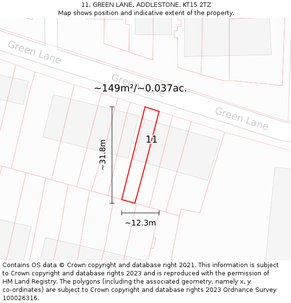 11, GREEN LANE, ADDLESTONE, KT15 2TZ: Plot and title map