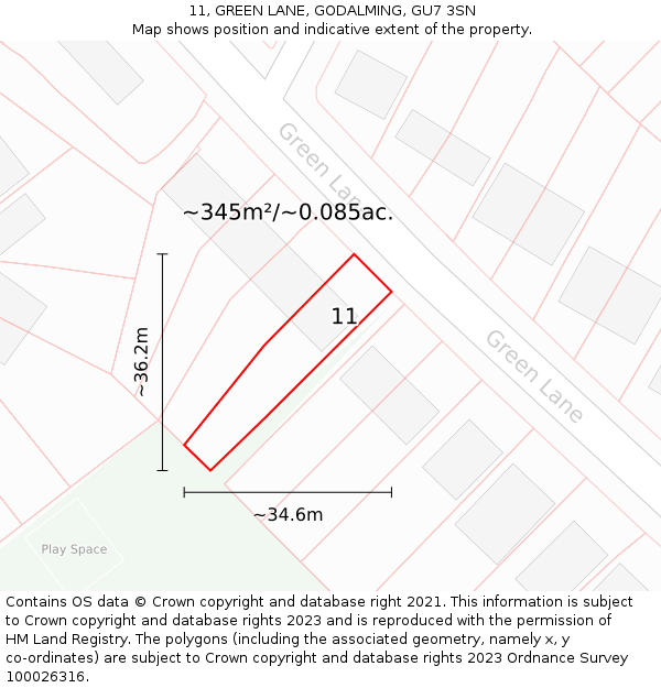 11, GREEN LANE, GODALMING, GU7 3SN: Plot and title map