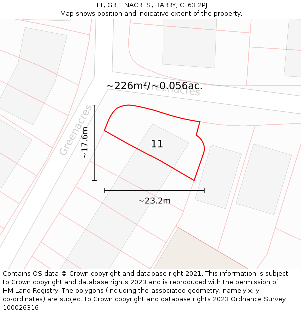 11, GREENACRES, BARRY, CF63 2PJ: Plot and title map