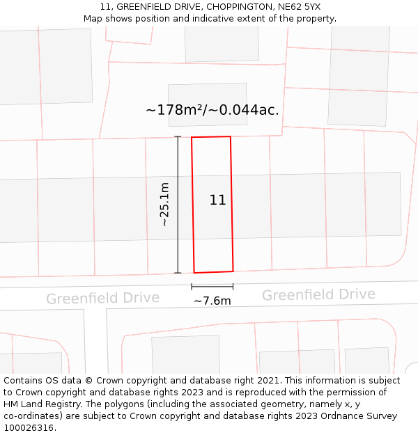 11, GREENFIELD DRIVE, CHOPPINGTON, NE62 5YX: Plot and title map