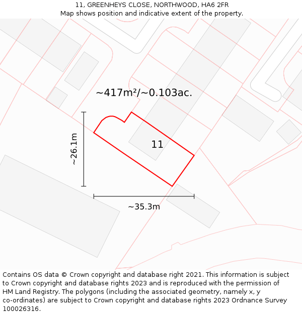 11, GREENHEYS CLOSE, NORTHWOOD, HA6 2FR: Plot and title map