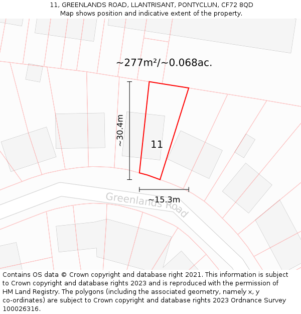 11, GREENLANDS ROAD, LLANTRISANT, PONTYCLUN, CF72 8QD: Plot and title map