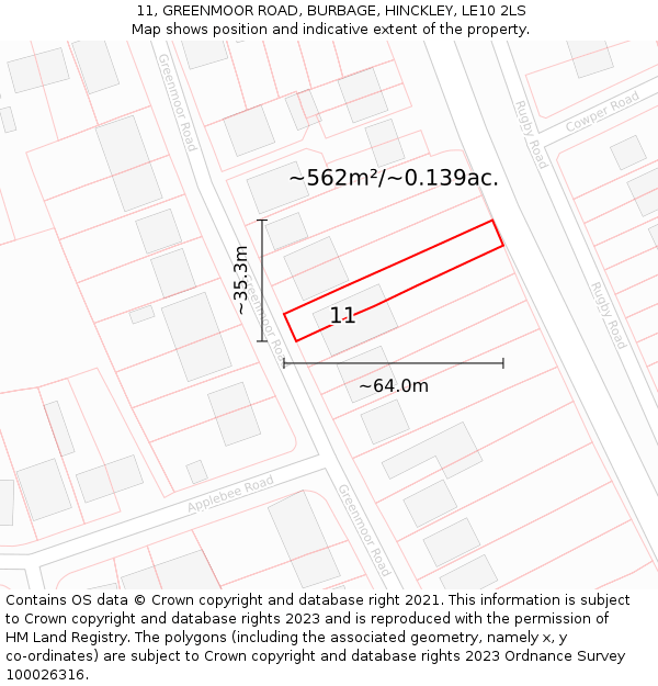 11, GREENMOOR ROAD, BURBAGE, HINCKLEY, LE10 2LS: Plot and title map