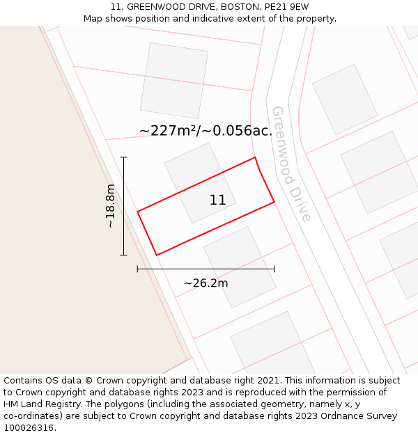 11, GREENWOOD DRIVE, BOSTON, PE21 9EW: Plot and title map