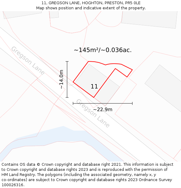 11, GREGSON LANE, HOGHTON, PRESTON, PR5 0LE: Plot and title map