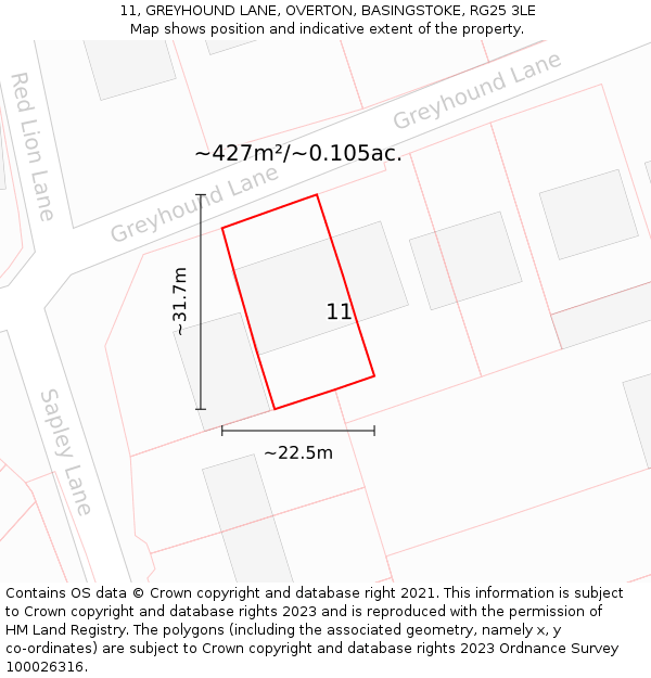 11, GREYHOUND LANE, OVERTON, BASINGSTOKE, RG25 3LE: Plot and title map