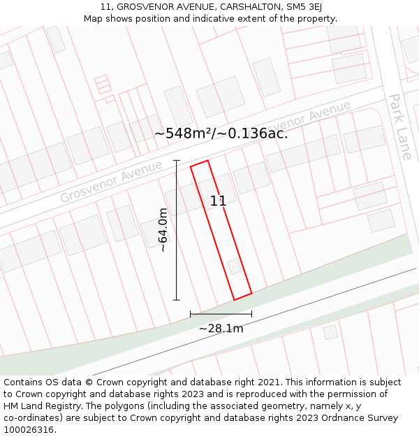 11, GROSVENOR AVENUE, CARSHALTON, SM5 3EJ: Plot and title map