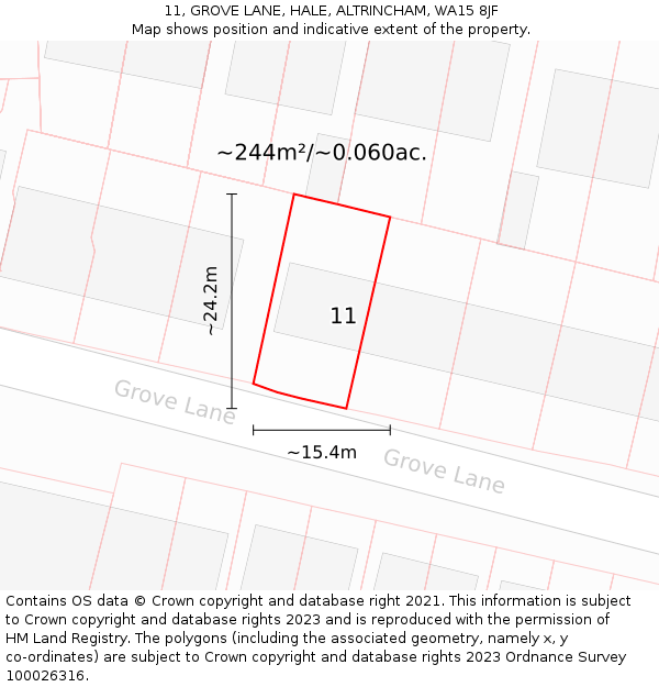 11, GROVE LANE, HALE, ALTRINCHAM, WA15 8JF: Plot and title map