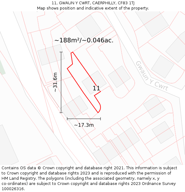 11, GWAUN Y CWRT, CAERPHILLY, CF83 1TJ: Plot and title map