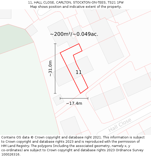 11, HALL CLOSE, CARLTON, STOCKTON-ON-TEES, TS21 1PW: Plot and title map