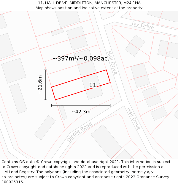 11, HALL DRIVE, MIDDLETON, MANCHESTER, M24 1NA: Plot and title map