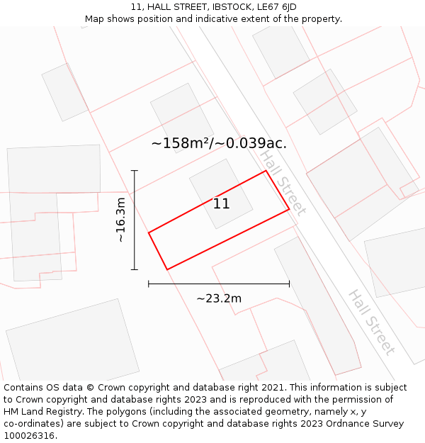 11, HALL STREET, IBSTOCK, LE67 6JD: Plot and title map